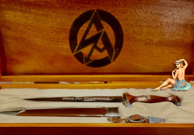 If you might have a Special Etched Dress Bayonet or two, I am now offering a beautiful Presentation Box so that you can add some visual enhancement as well as personal satisfaction in your bayonet display. All Presentation Boxes are handmade. Tops are hard to find Birds Eye Maple. Bottoms of Rare Tiger Maple (see pictures) and have a recessed interior covered in a black satin or felt to further increase the appearance of your bayonet* collectible.