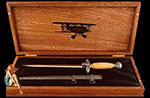 If you might have a Special Etched Dress Bayonet or two, I am now offering a beautiful Presentation Box so that you can add some visual enhancement as well as personal satisfaction in your bayonet display.

All Presentation Boxes are handmade. Tops are hard to find Birds Eye Maple. Bottoms of Rare Tiger Maple (see pictures) and have a recessed interior covered in a black satin or felt to further increase the appearance of your bayonet* collectible.