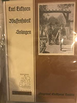 These five ORIGINAL Eickhorn Sales Brochures are complete and are perfect for display and educational purposes. All of them are quite RARE and difficult to find today. 
Featured among them is the brochure with the Famous Goring Wedding Sword proudly presented on the cover. Within this brochure are designs for Etched Dress Bayonets and Honor Bayonet features.