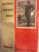 These five ORIGINAL Eickhorn Sales Brochures are complete and are perfect for display and educational purposes. All of them are quite RARE and difficult to find today. 
Featured among them is the brochure with the Famous Goring Wedding Sword proudly presented on the cover. Within this brochure are designs for Etched Dress Bayonets and Honor Bayonet features.