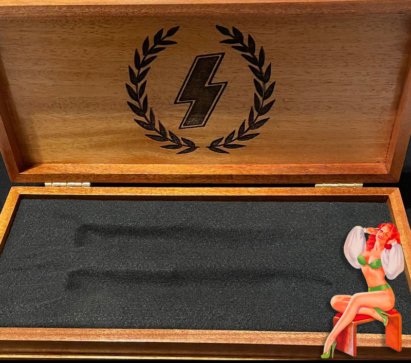 If you might have a Special Etched Dress Bayonet or two, I am now offering a beautiful Presentation Box so that you can add some visual enhancement as well as personal satisfaction in your bayonet display. All Presentation Boxes are handmade. Tops are hard to find Birds Eye Maple. Bottoms of Rare Tiger Maple (see pictures) and have a recessed interior covered in a black satin or felt to further increase the appearance of your bayonet* collectible.