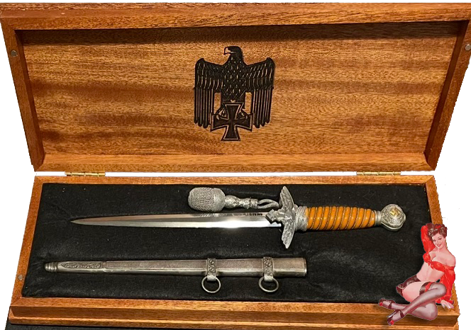 If you might have a Special Etched Dress Bayonet or two, I am now offering a beautiful Presentation Box so that you can add some visual enhancement as well as personal satisfaction in your bayonet display. All Presentation Boxes are handmade. Tops are hard to find Birds Eye Maple. Bottoms of Rare Tiger Maple (see pictures) and have a recessed interior covered in a black satin or felt to further increase the appearance of your bayonet* collectible.