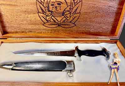If you might have a Special Etched Dress Bayonet or two, I am now offering a beautiful Presentation Box so that you can add some visual enhancement as well as personal satisfaction in your bayonet display. All Presentation Boxes are handmade. Tops are hard to find Birds Eye Maple. Bottoms of Rare Tiger Maple (see pictures) and have a recessed interior covered in a black satin or felt to further increase the appearance of your bayonet* collectible.