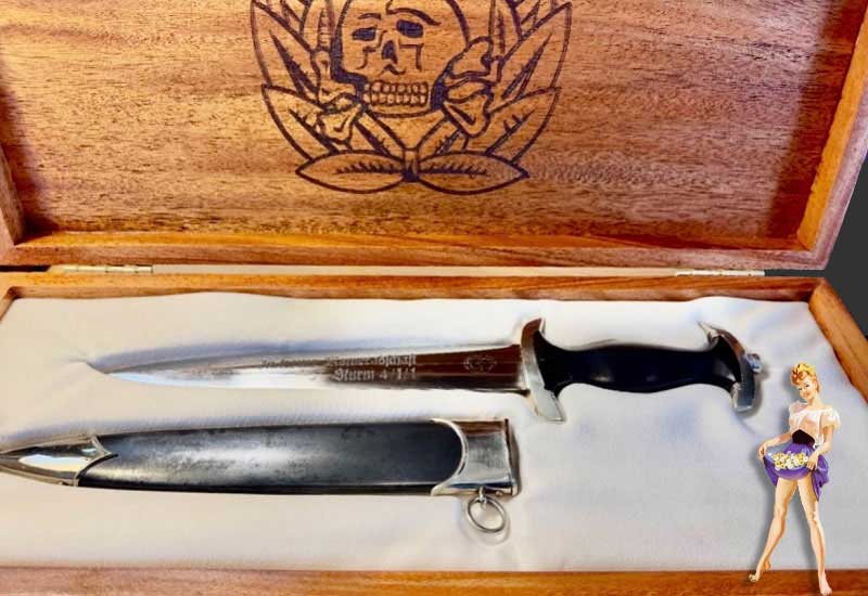 If you might have a Special Etched Dress Bayonet or two, I am now offering a beautiful Presentation Box so that you can add some visual enhancement as well as personal satisfaction in your bayonet display. All Presentation Boxes are handmade. Tops are hard to find Birds Eye Maple. Bottoms of Rare Tiger Maple (see pictures) and have a recessed interior covered in a black satin or felt to further increase the appearance of your bayonet* collectible.